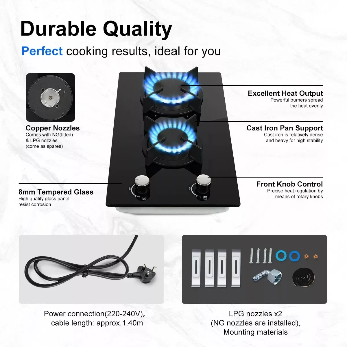 Topstrong 2 Burners Kitchen Built in Cooktop Black Glass NG/LPG Dual Fuel Gas Hob YYUKGCT-B02