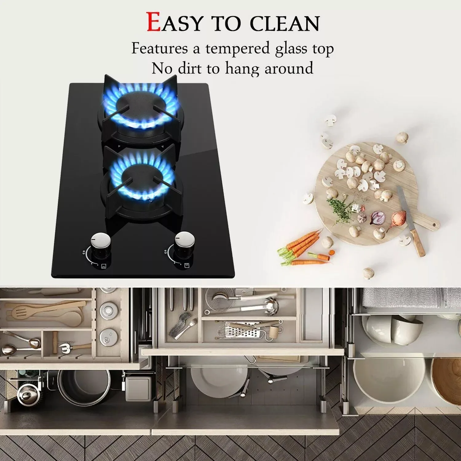 Topstrong 2 Burners Kitchen Built in Cooktop Black Glass NG/LPG Dual Fuel Gas Hob YYUKGCT-B02