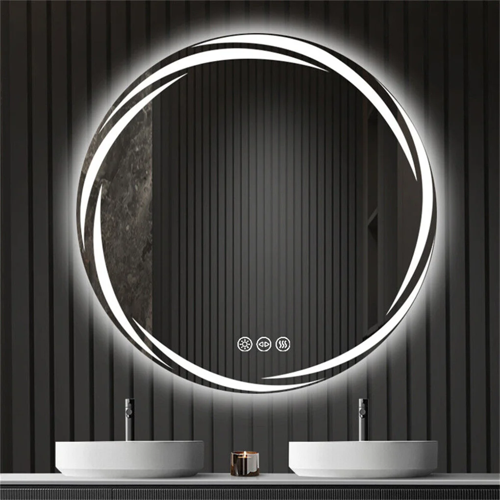Anti-fog LED Bathroom Mirror Circle Backlit HD Wall Mounted Vanity Mirror Shatterproof 3 Colors Lights Adjust