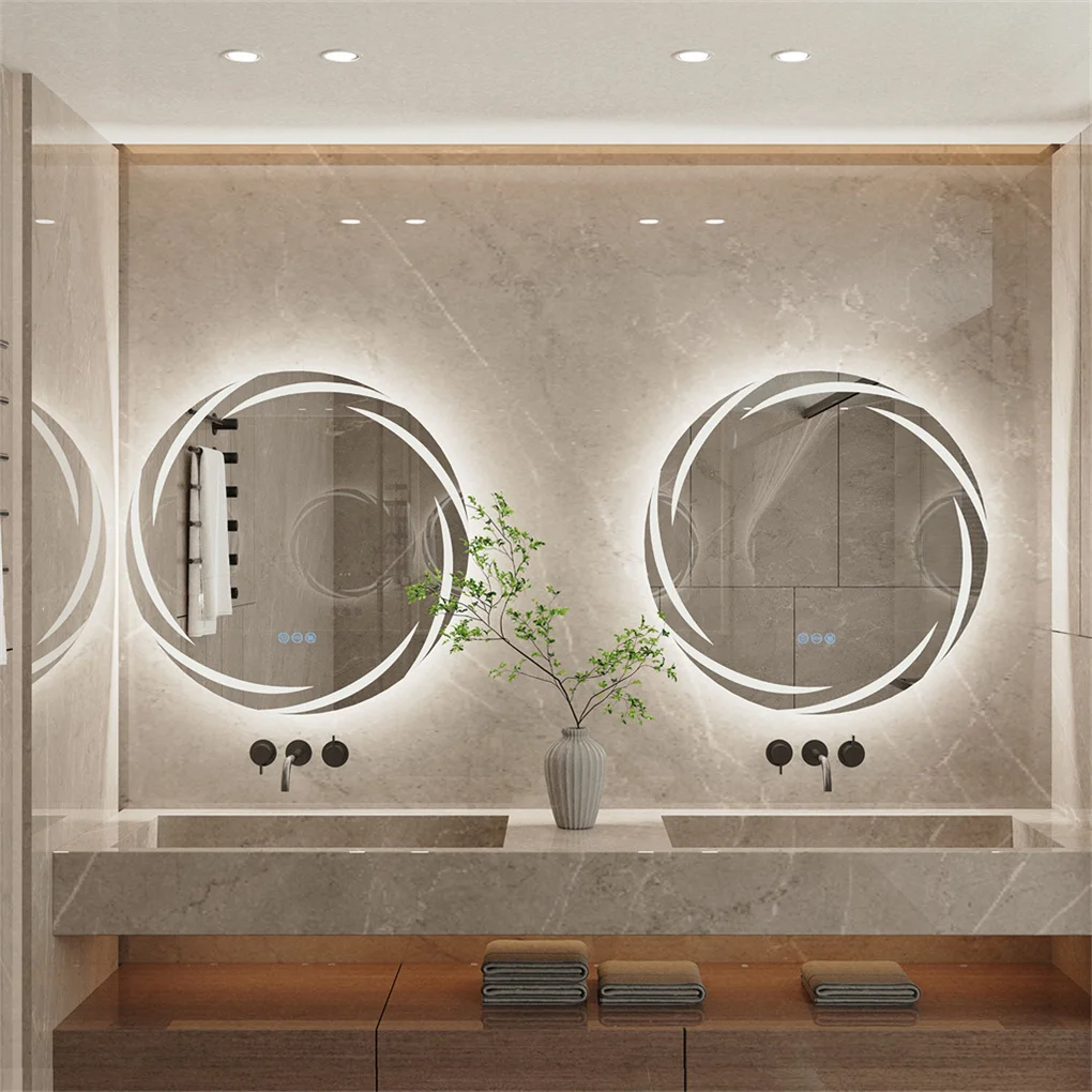 Anti-fog LED Bathroom Mirror Circle Backlit HD Wall Mounted Vanity Mirror Shatterproof 3 Colors Lights Adjust