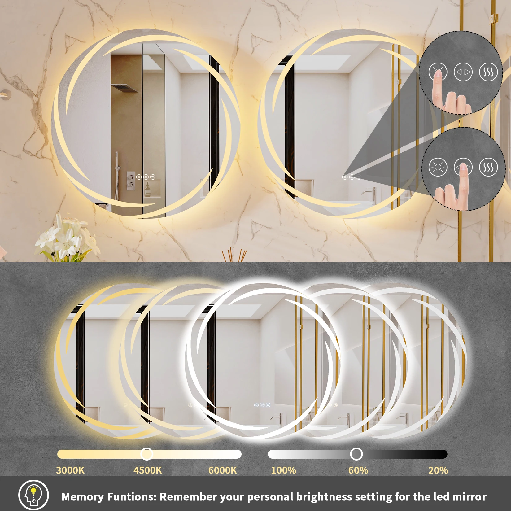 Anti-fog LED Bathroom Mirror Circle Backlit HD Wall Mounted Vanity Mirror Shatterproof 3 Colors Lights Adjust