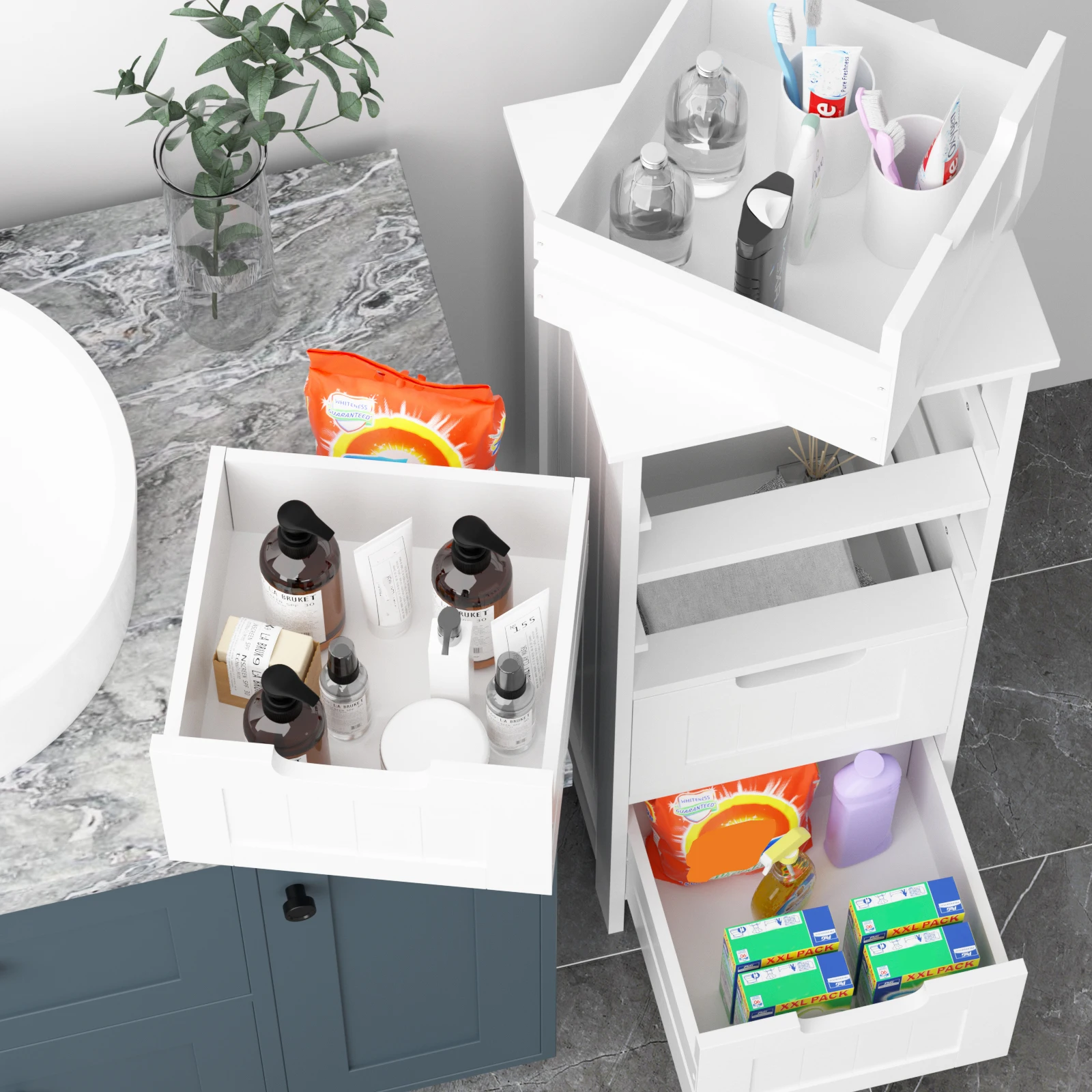DayPlus Bathroom Storage Cabinet with 4 Drawers, White Floor Standing Storage Cupboard Unit for Home, W11.8''x D11.8 xH32.4''