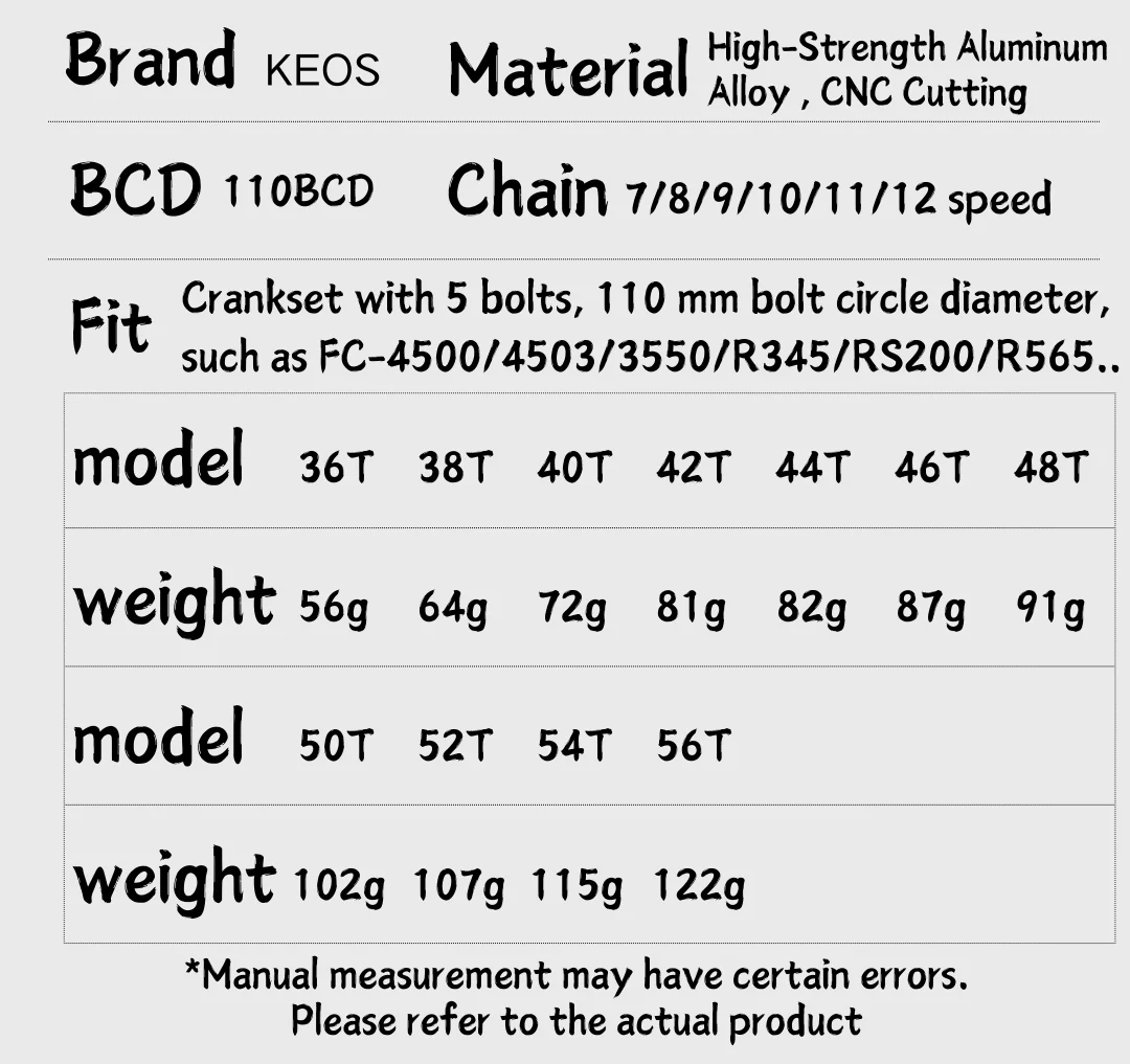 KEOS 110BCD Chainring 36T-56T Silver Bicycle Chainwheel Aluminum Alloy ForShimano FC4500 APEX 5Bolt Road Bike Narrow Wide Crank