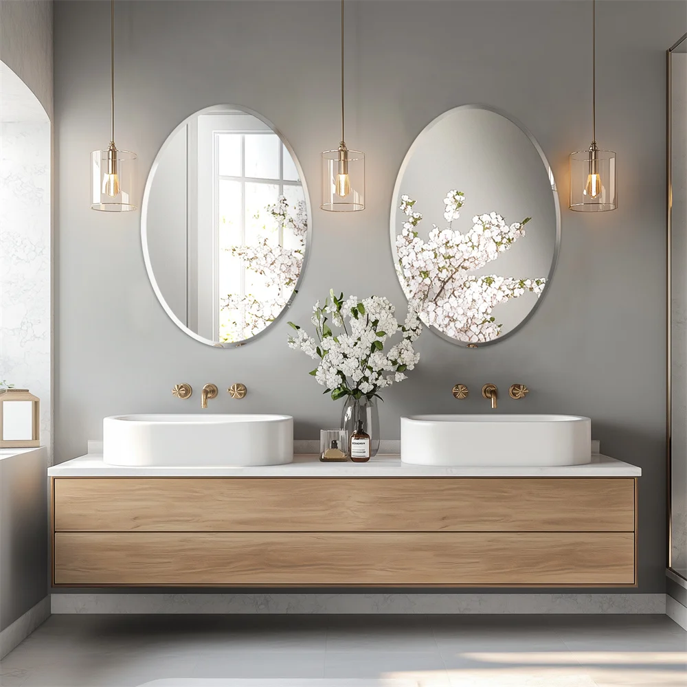 Wisfor Frameless Oval Wall Mirror Silver Beveled Edge Bathroom Vanity Mirror for Modern Home Decor, Fireplaces