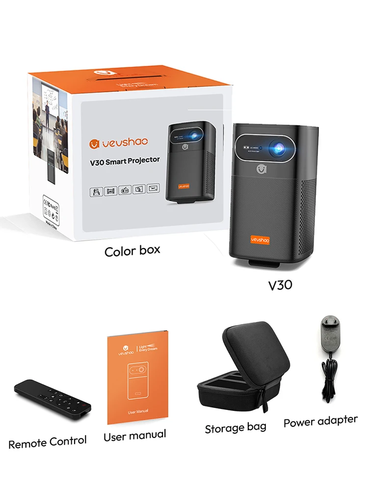 VEVSHAO V30 400ANSI DLP Projector Android 9.0 TOF Focus 3D Dual-band WiFi Bluetooth 5.0 15000mAh Battery Home Theater