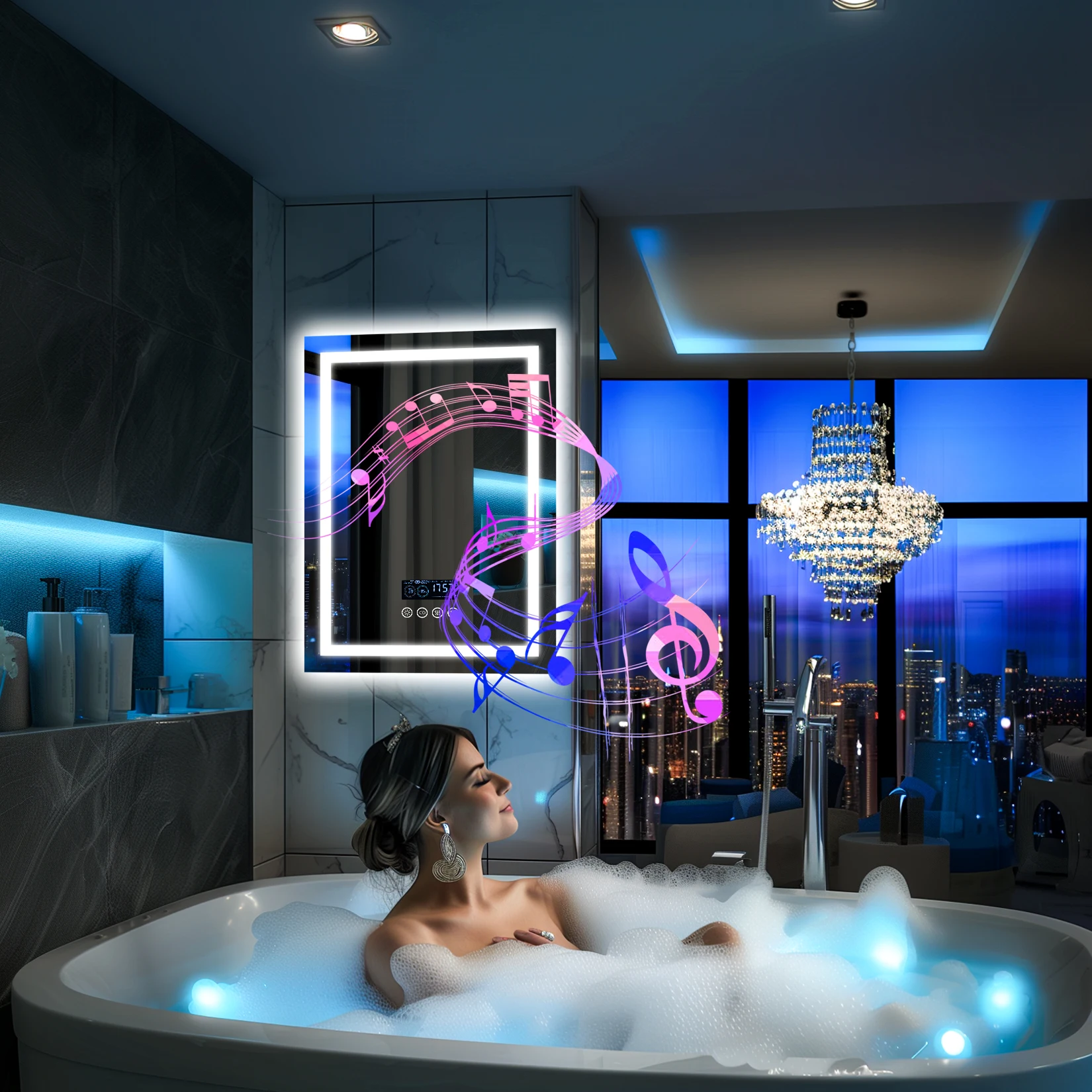 24 x 32 LED Bathroom Mirror with Bluetooth Smart Display Screen,Touch Button 3 Colors Dimmable Light, Anti-Fog, Memory