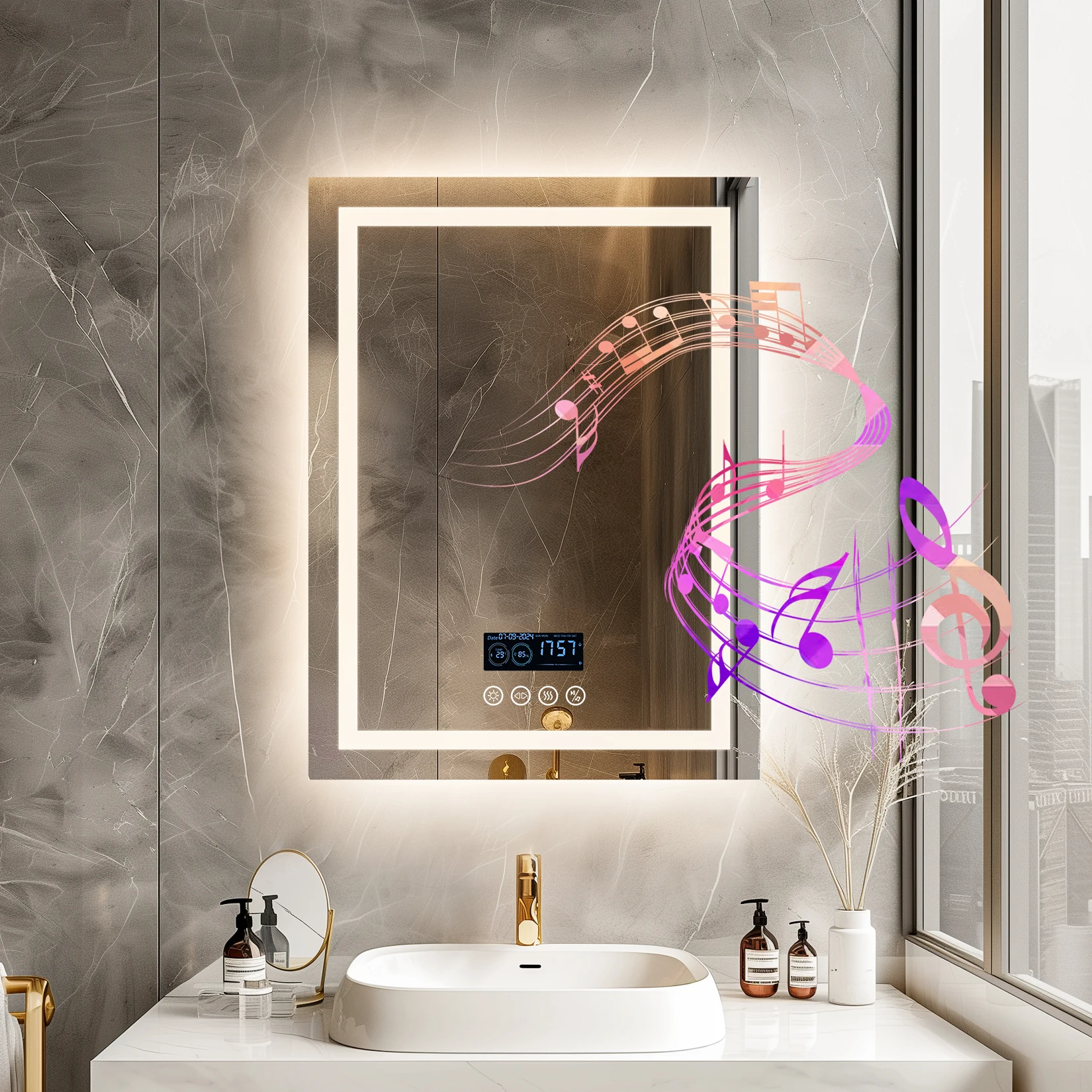 24 x 32 LED Bathroom Mirror with Bluetooth Smart Display Screen,Touch Button 3 Colors Dimmable Light, Anti-Fog, Memory