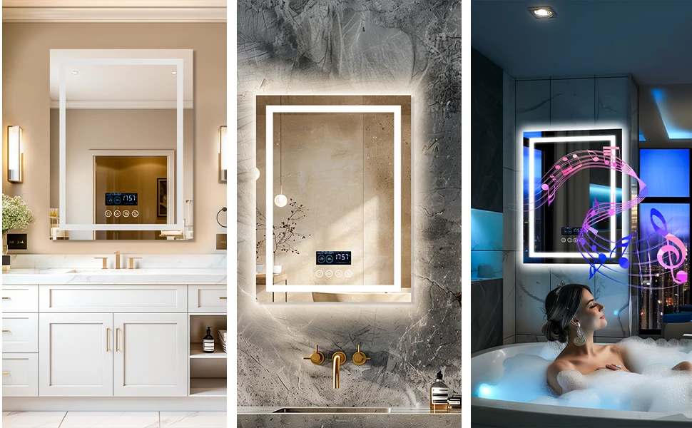 24 x 32 LED Bathroom Mirror with Bluetooth Smart Display Screen,Touch Button 3 Colors Dimmable Light, Anti-Fog, Memory