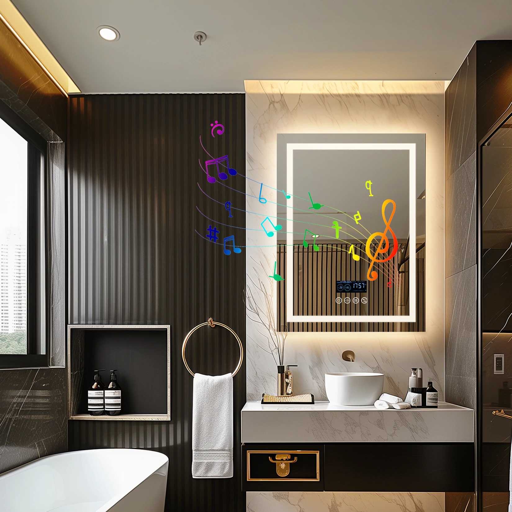 24 x 32 LED Bathroom Mirror with Bluetooth Smart Display Screen,Touch Button 3 Colors Dimmable Light, Anti-Fog, Memory