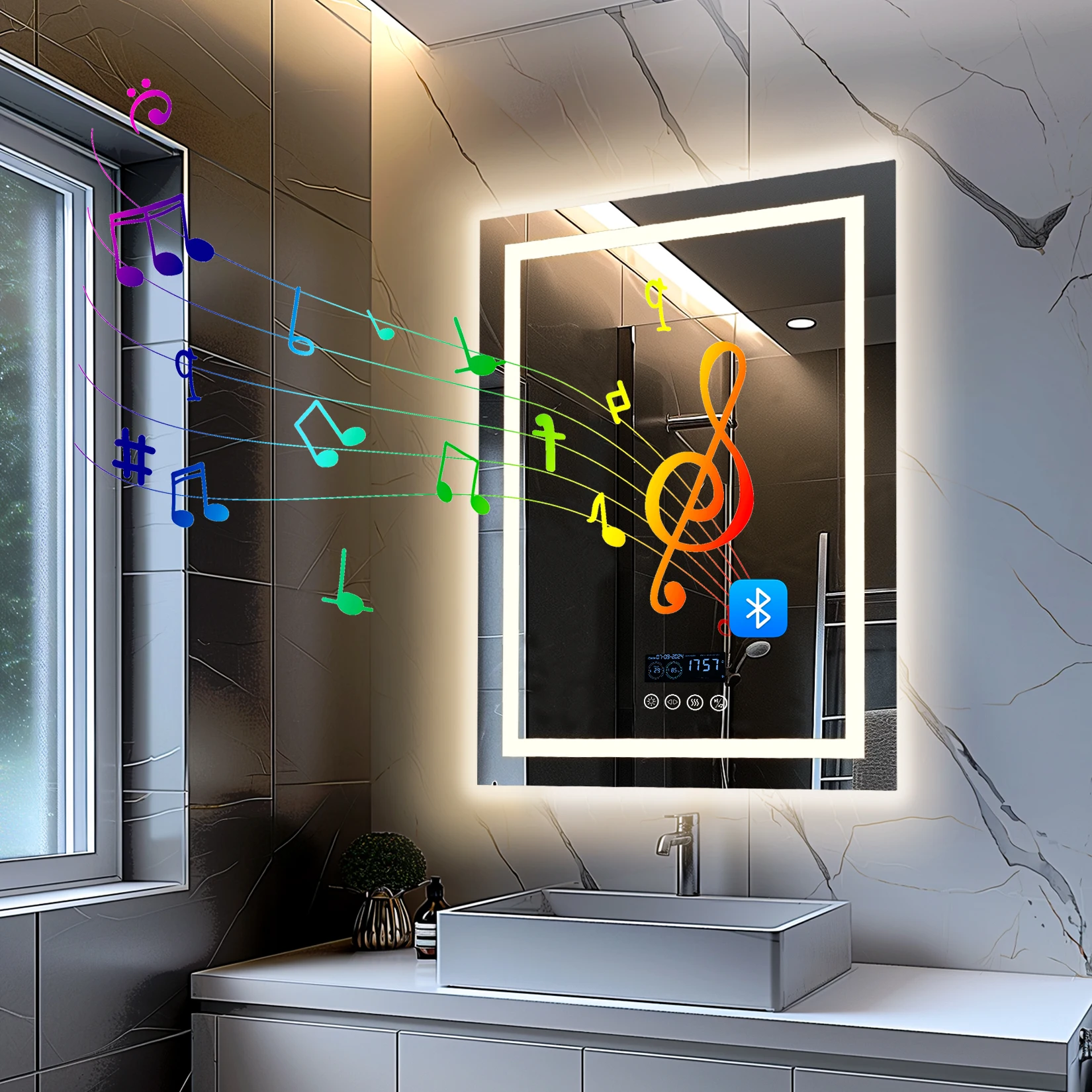 24 x 32 LED Bathroom Mirror with Bluetooth Smart Display Screen,Touch Button 3 Colors Dimmable Light, Anti-Fog, Memory