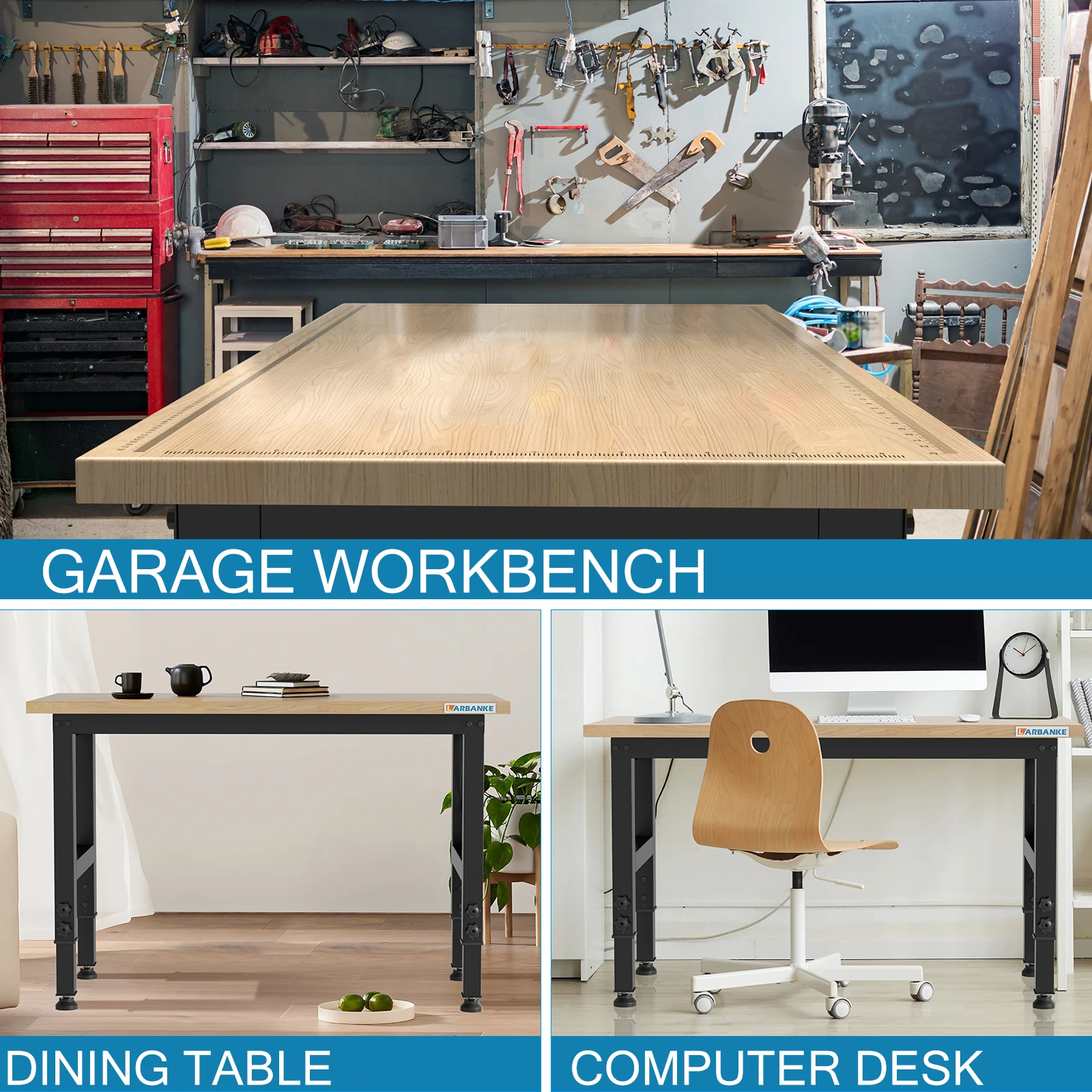 48" Adjustable Workbench with Wheels,Heavy-Duty Rubber Wood Worktable with Power Outlets & Precision Scales & Foot Pads