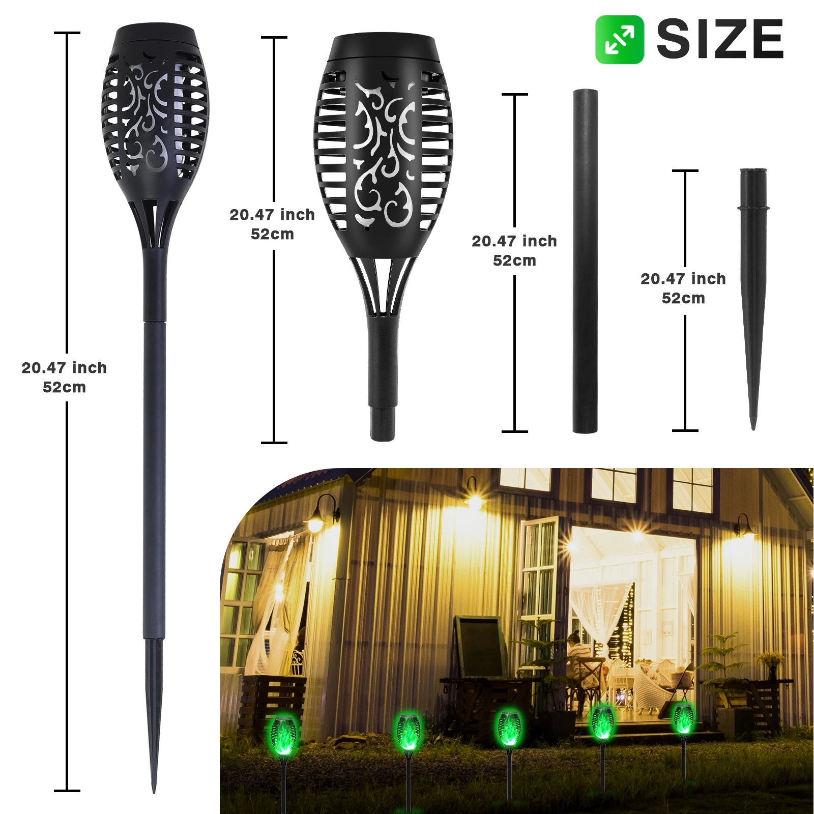 Green Solar Flame Light Outdoor with Flickering Flame Waterproof Lawn Ground Inserted Landscape for Garden Decorations Yard Pati