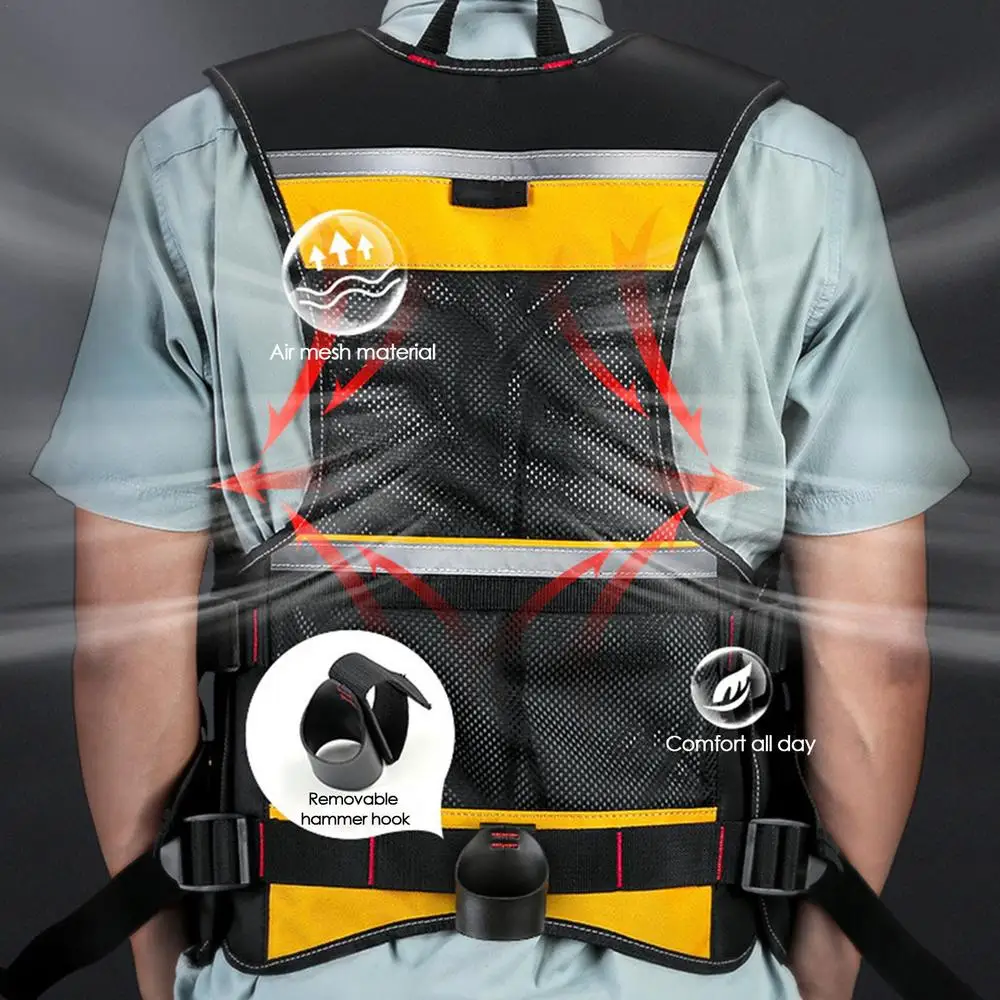 Workwear Allround Work Tool Vest Reflective Safety Vest with Multi-pockets and Zipper Heavy Duty Tool Vest for Electricians
