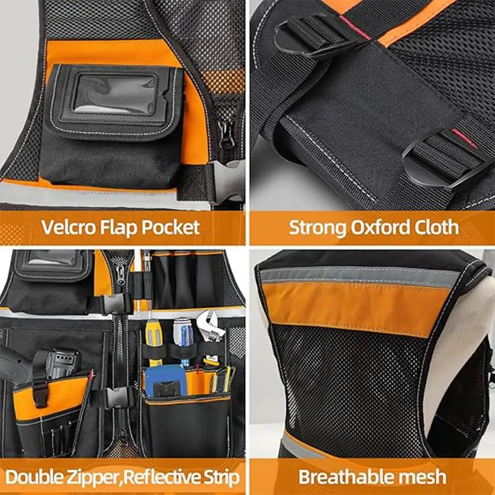 Workwear Allround Work Tool Vest Reflective Safety Vest with Multi-pockets and Zipper Heavy Duty Tool Vest for Electricians