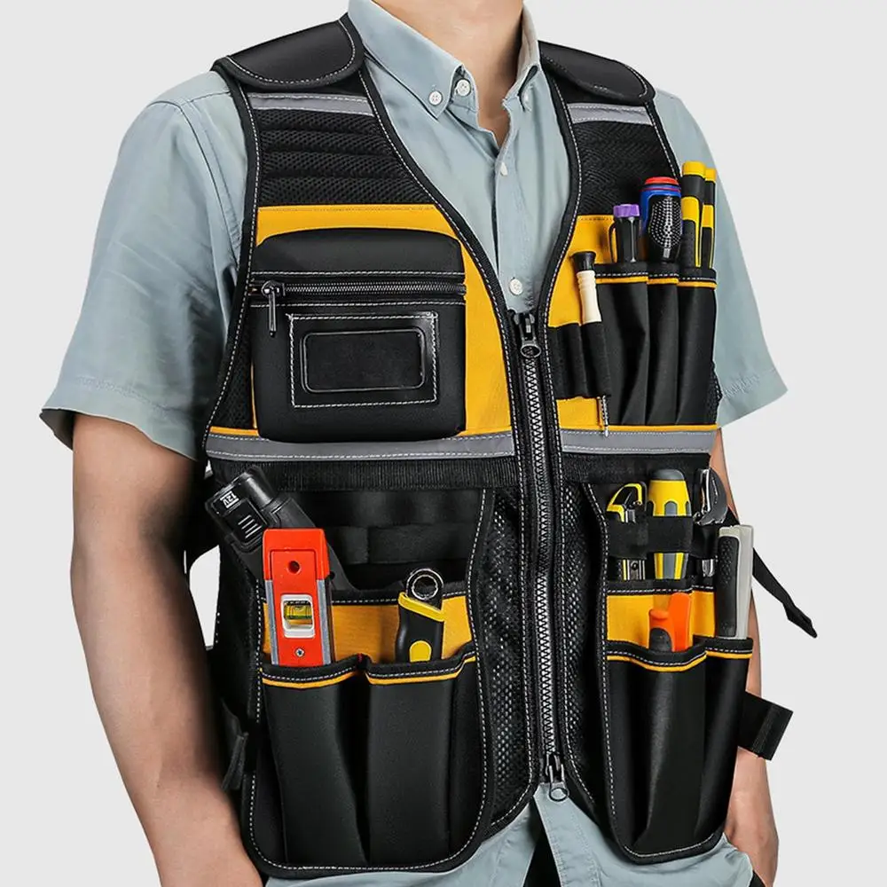 Workwear Allround Work Tool Vest Reflective Safety Vest with Multi-pockets and Zipper Heavy Duty Tool Vest for Electricians