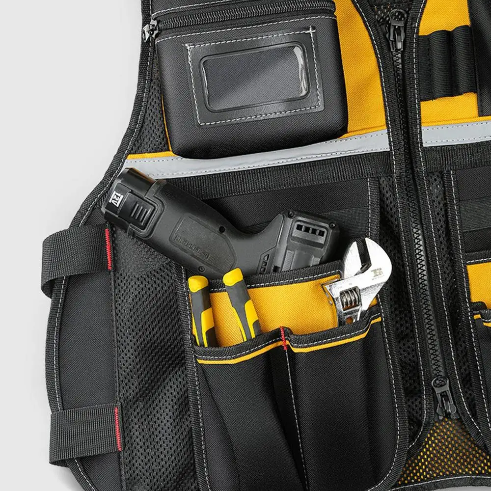 Workwear Allround Work Tool Vest Reflective Safety Vest with Multi-pockets and Zipper Heavy Duty Tool Vest for Electricians