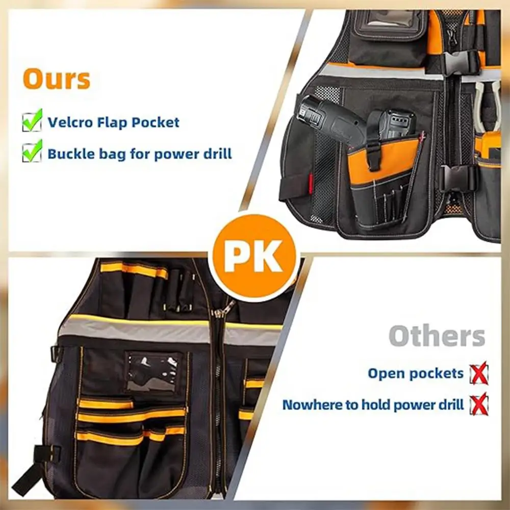 Workwear Allround Work Tool Vest Reflective Safety Vest with Multi-pockets and Zipper Heavy Duty Tool Vest for Electricians