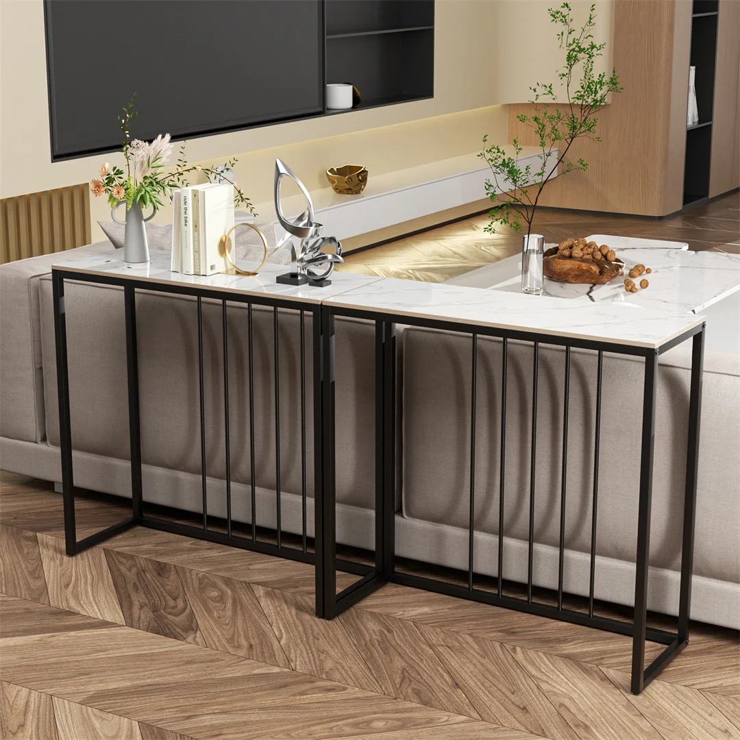 Sintered Stone Console Table Narrow Entryway Table with Black Metal Frame for Hallway Foyer Living Room Behind Sofa