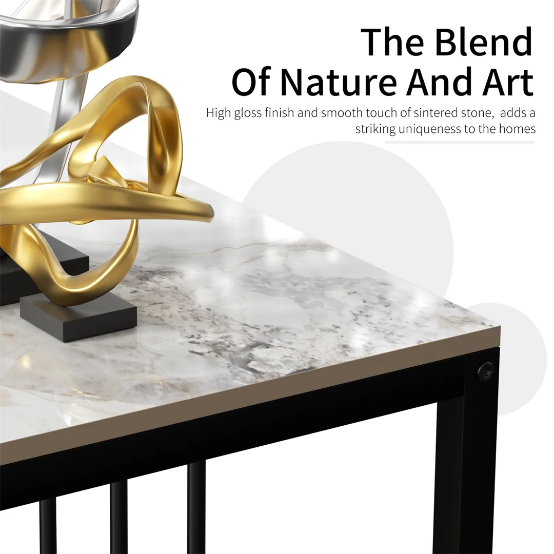 Sintered Stone Console Table Narrow Entryway Table with Black Metal Frame for Hallway Foyer Living Room Behind Sofa