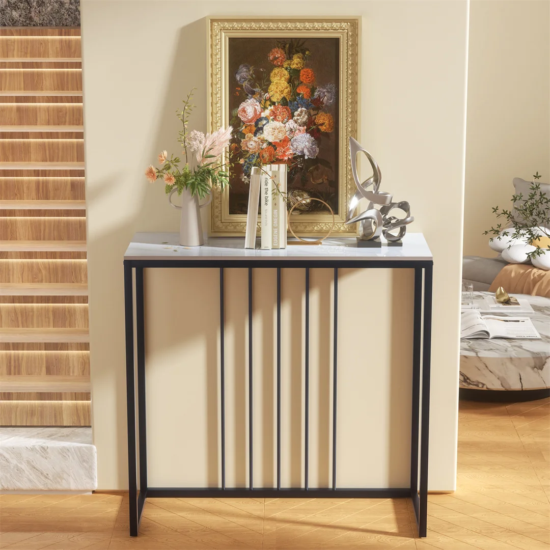 Sintered Stone Console Table Narrow Entryway Table with Black Metal Frame for Hallway Foyer Living Room Behind Sofa