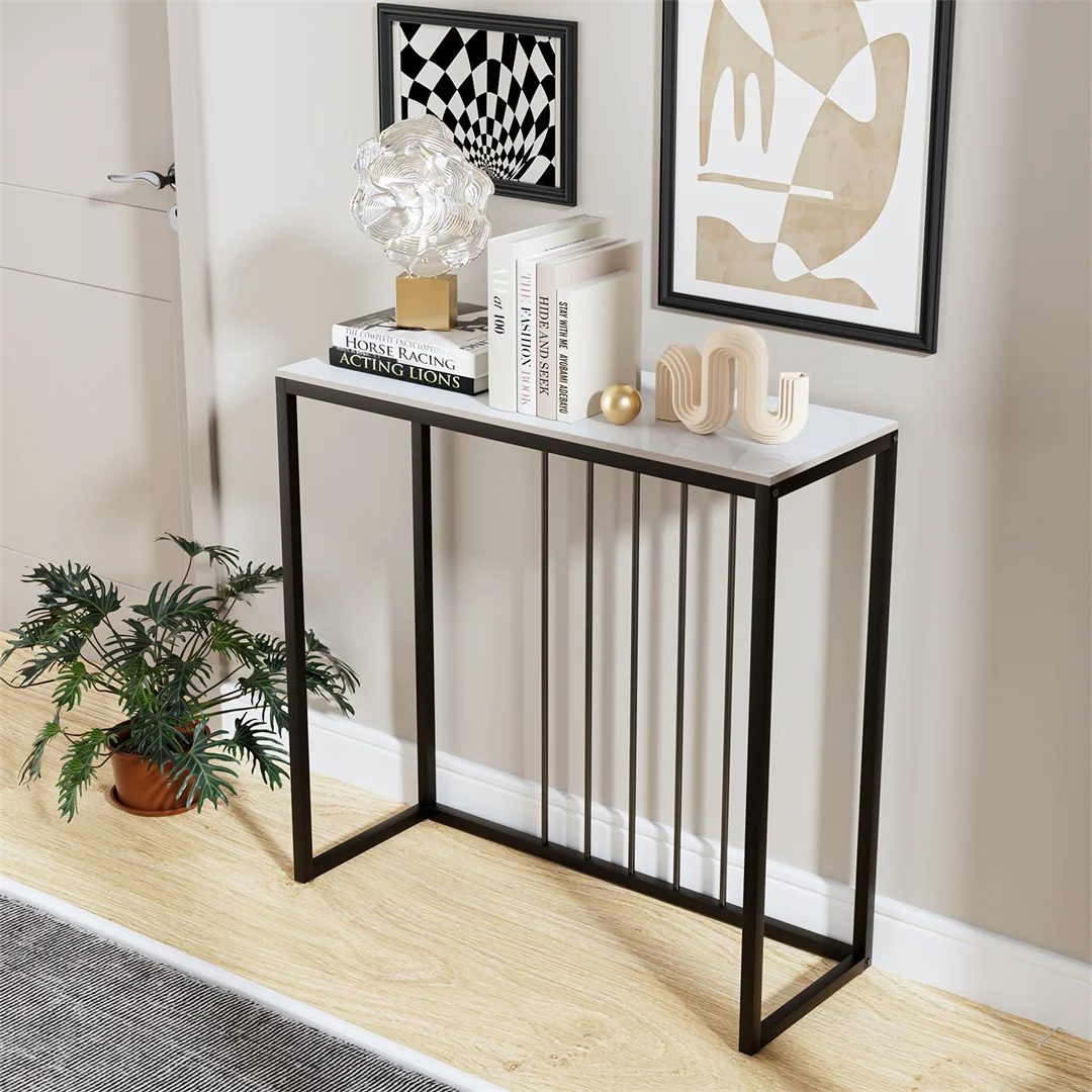 Sintered Stone Console Table Narrow Entryway Table with Black Metal Frame for Hallway Foyer Living Room Behind Sofa