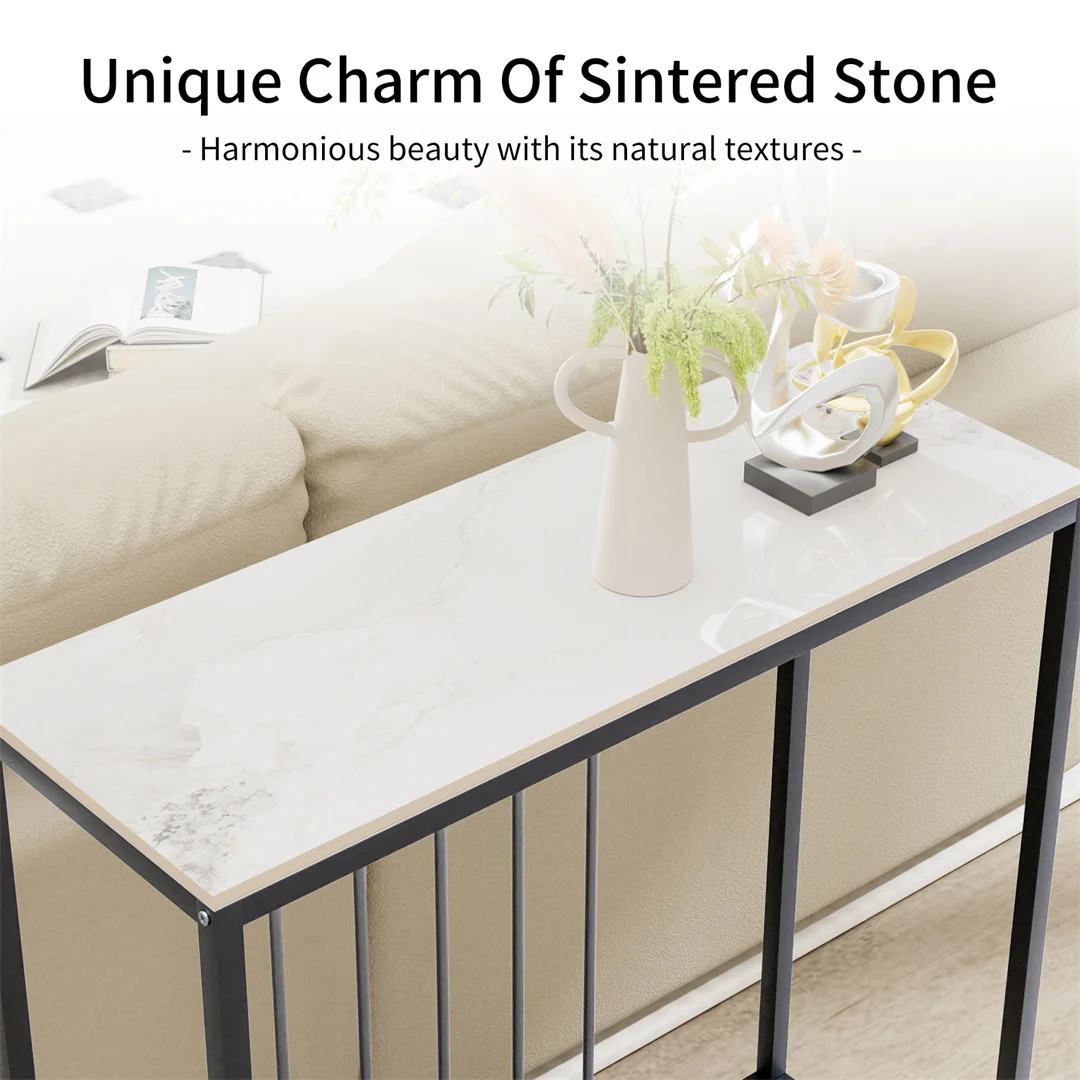 Sintered Stone Console Table Narrow Entryway Table with Black Metal Frame for Hallway Foyer Living Room Behind Sofa