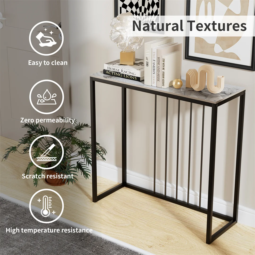 Sintered Stone Console Table Narrow Entryway Table with Black Metal Frame for Hallway Foyer Living Room Behind Sofa