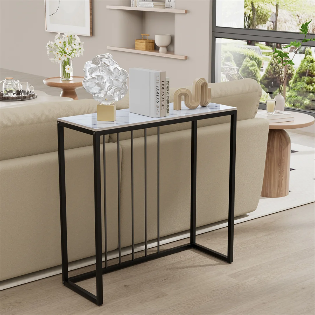 Sintered Stone Console Table Narrow Entryway Table with Black Metal Frame for Hallway Foyer Living Room Behind Sofa