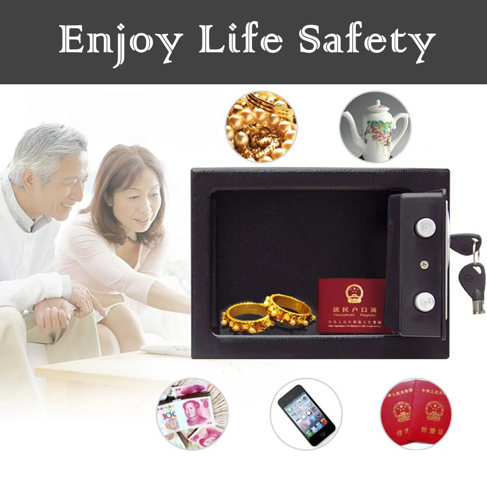 4.6L Home Digital Safe Electronic Cabinet Safes Cash Box Wall Safe with Key, Money Box for Office Hotel 230mmx170mmx170mm - Grey