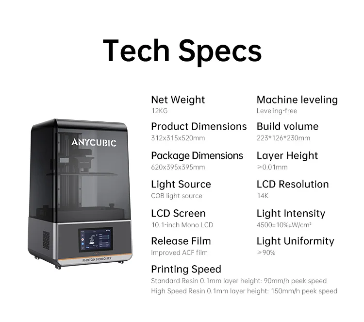 ANYCUBIC Photon Mono M7 14K Speed Up to 150mm/h Printing Mono MSLA 3D Printer 10'' LCD Resin 3D Printer Size 223*126*230m
