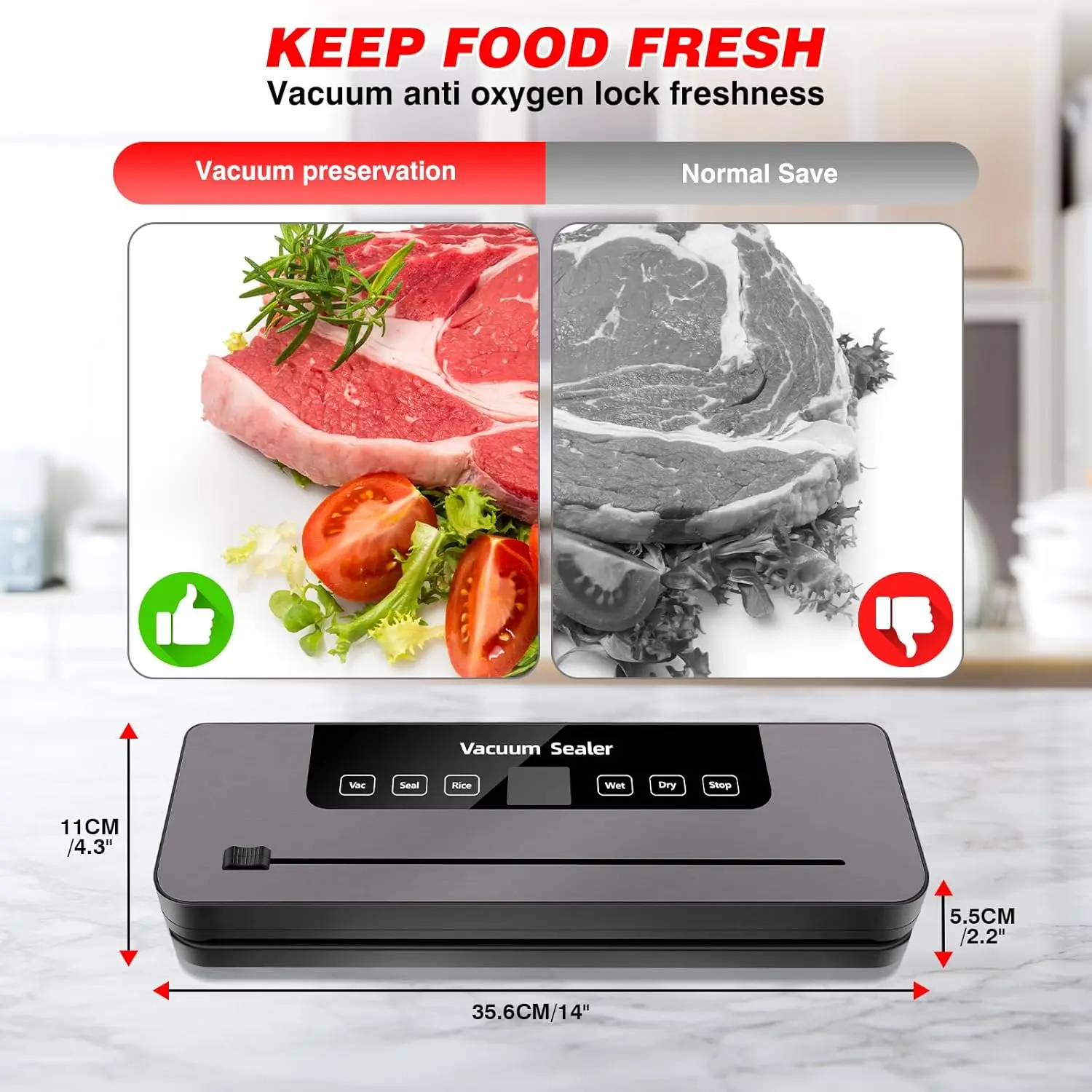 Vacuum Sealer Machine for Dry/Wet Food Vacuum Sealer with 30cm Seam & Built-in Cutter for High-Speed Continuous Working, Easy Op