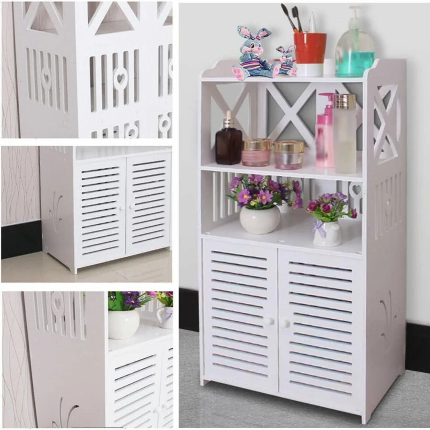 BRIEFNESS Bathroom Cabinet Waterproof Floor Standing PVC Storage Cabinet Storage Cabinet with Double Doors and 3 Shelves