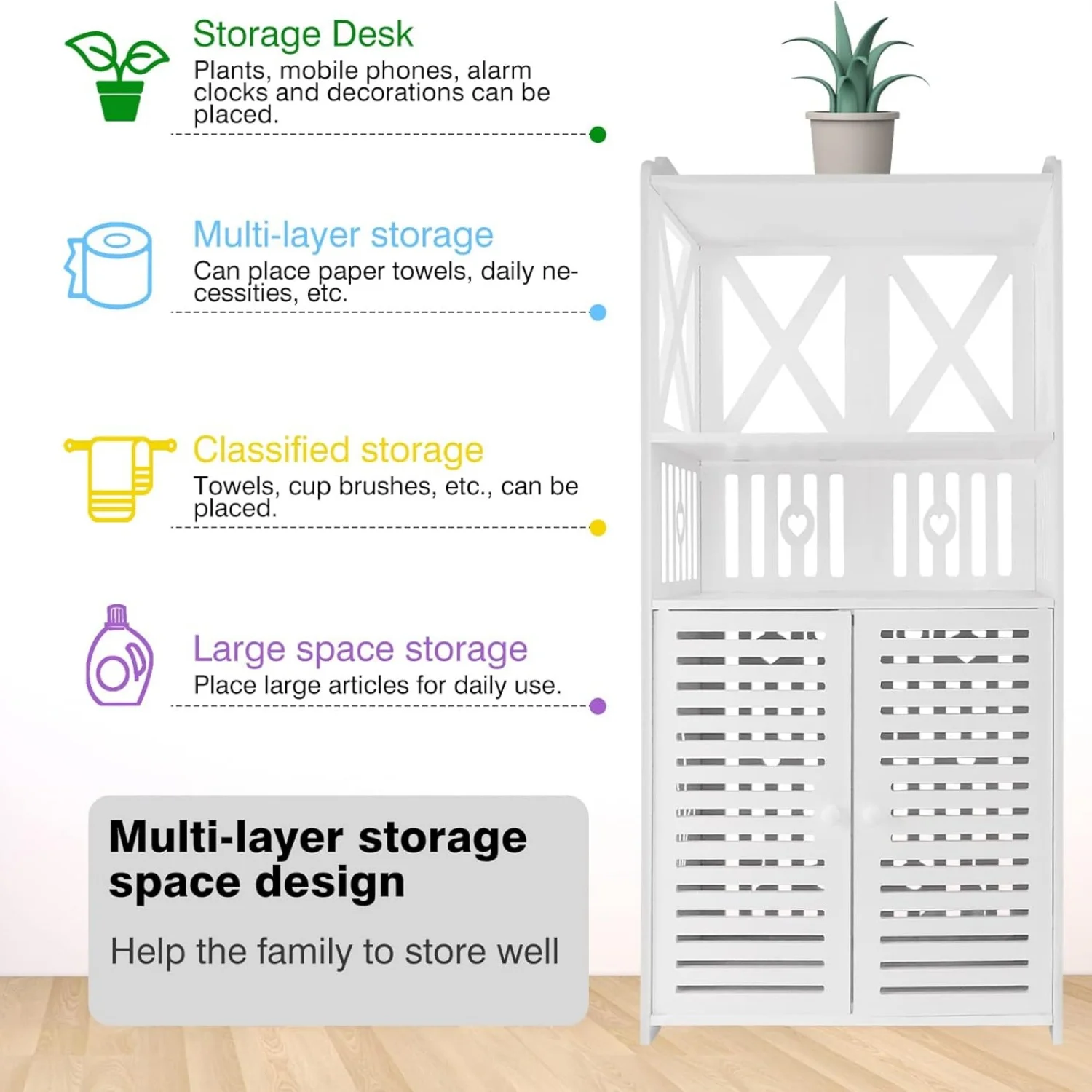 BRIEFNESS Bathroom Cabinet Waterproof Floor Standing PVC Storage Cabinet Storage Cabinet with Double Doors and 3 Shelves