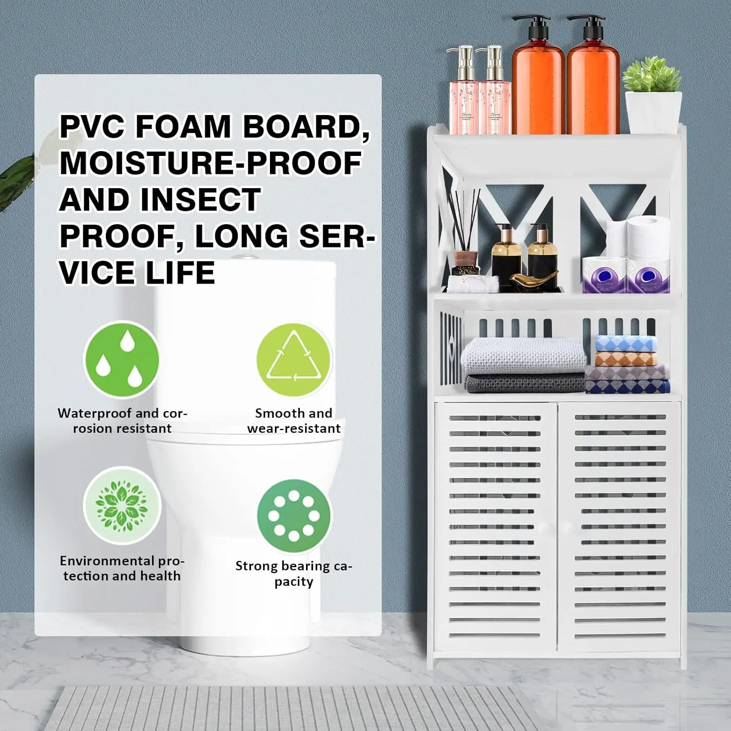 BRIEFNESS Bathroom Cabinet Waterproof Floor Standing PVC Storage Cabinet Storage Cabinet with Double Doors and 3 Shelves