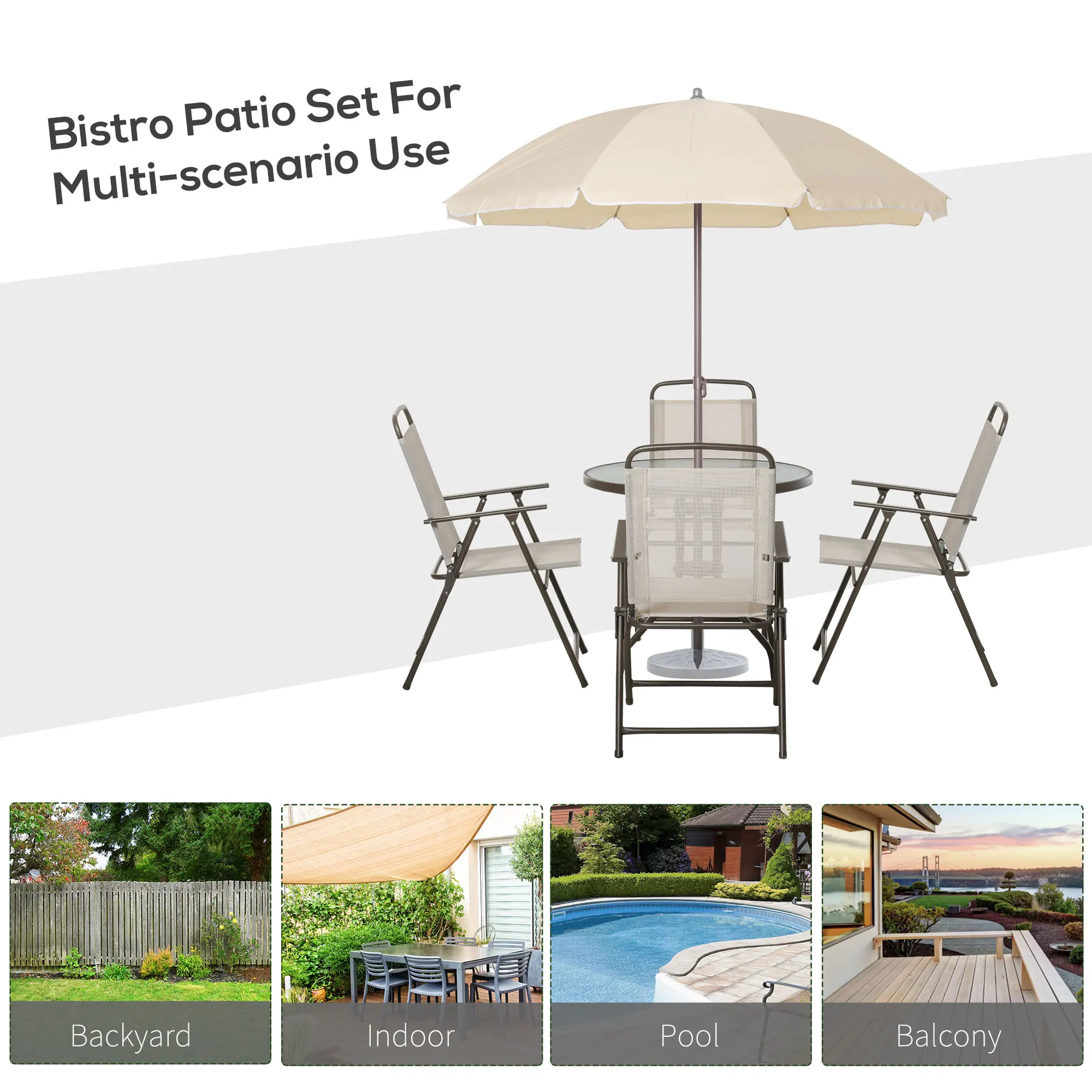 Outsunny 6 Piece Garden Dining Set with Umbrella, Patio Sets with Parasol with 4 Dining Chairs & Tempered Glass Table
