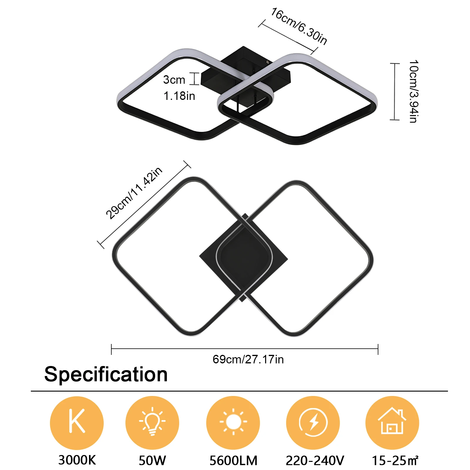 Dimmable LED Ceiling Light with Remote Control,50W 5600LM Modern LED Chandelier 3000K-6500K Adjustable Brightness