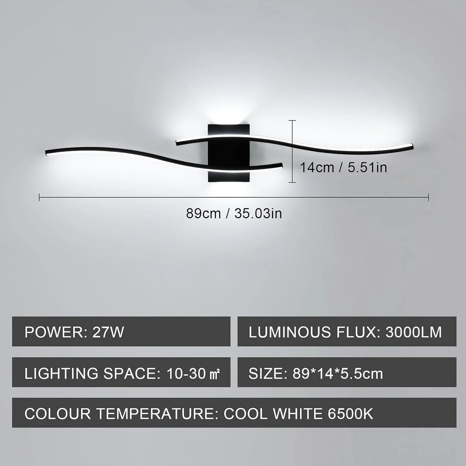 LED Interior Wall Sconce,White Light 6500K Black LED Wall Lamp,Indoor LED Wall Light for Bedroom,Study,Hallway, Stairs