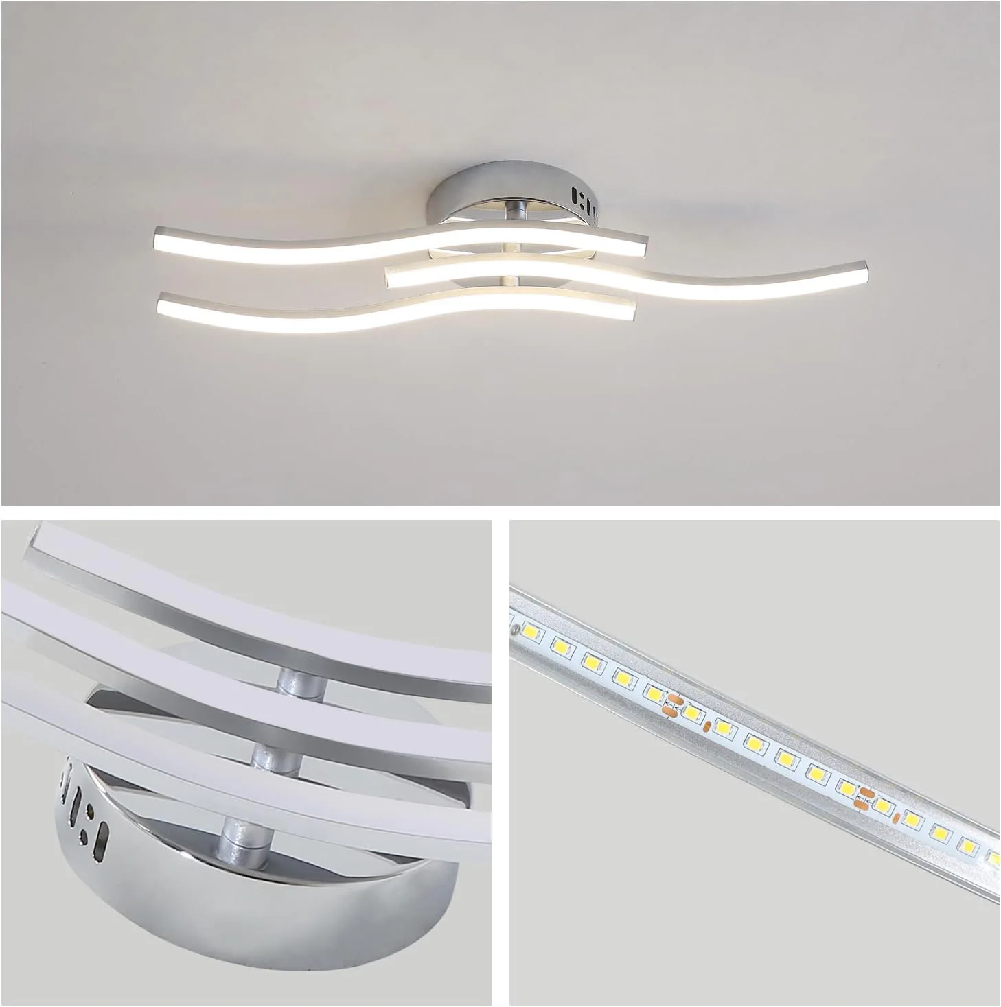LED Ceiling Light,18W Curved Elegant Modern Chrome Ceiling Lamp,3 Built-in LED Boards,Ceiling Lights Fixtures(Natural White )