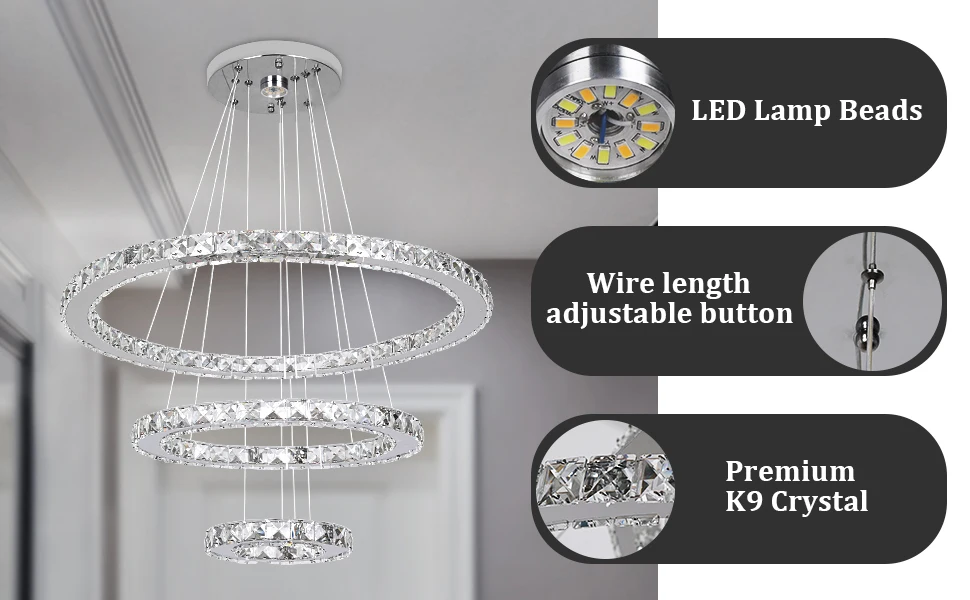 Modern Pendant Light K9 Crystal Chandelier DIY Rings Led Hang Ceiling Lamp Home Decor Chrome Lustre Fixtures Dining Living Room