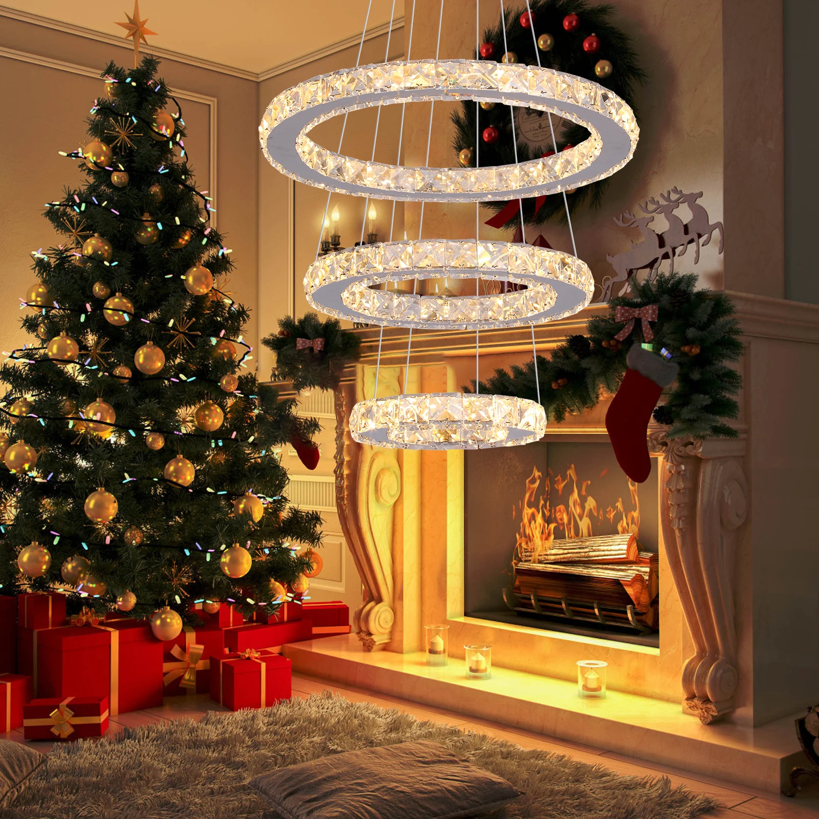 Modern Pendant Light K9 Crystal Chandelier DIY Rings Led Hang Ceiling Lamp Home Decor Chrome Lustre Fixtures Dining Living Room