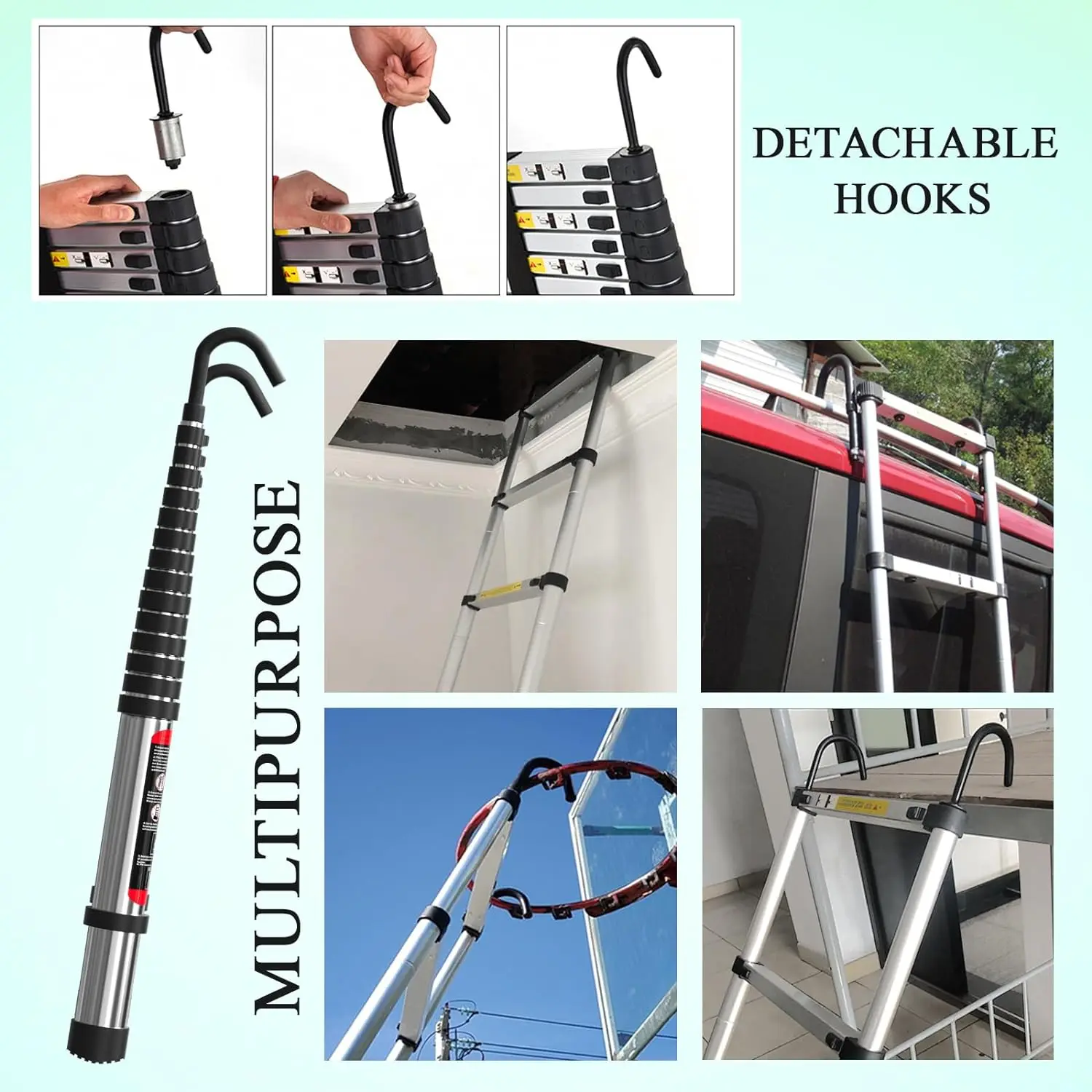 5M/16.5FT Telescoping Ladder with Hooks, Multifunction Stainless Steel EN131 Collapsible Extension Ladder for Indoor/Outdoor