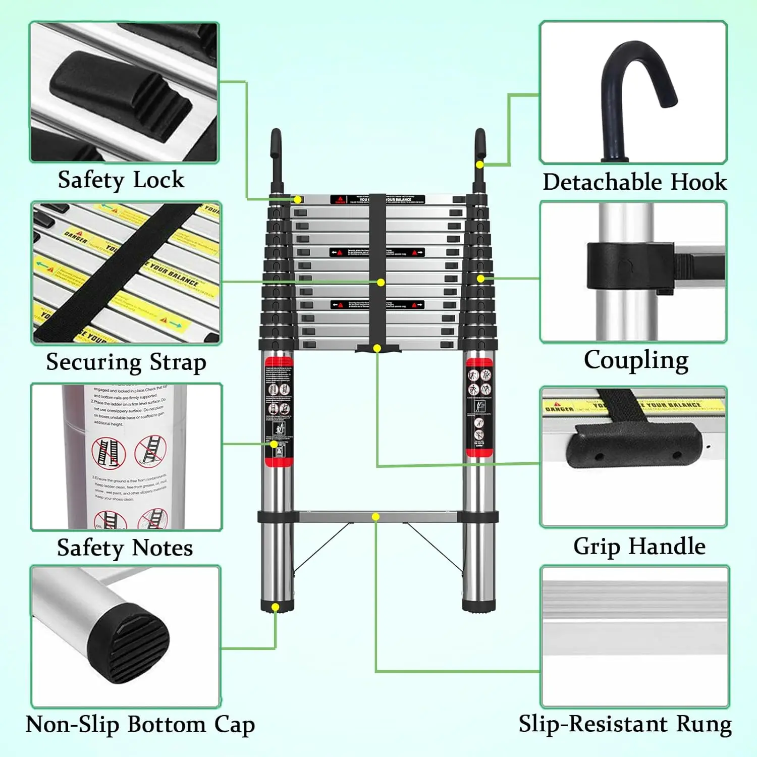 5M/16.5FT Telescoping Ladder with Hooks, Multifunction Stainless Steel EN131 Collapsible Extension Ladder for Indoor/Outdoor