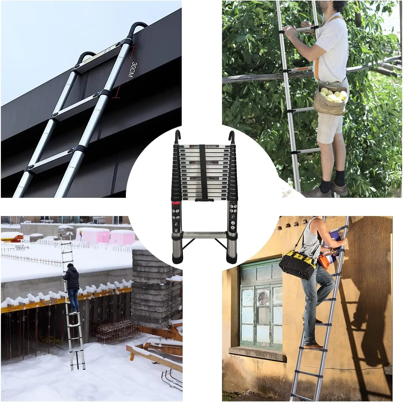 5M/16.5FT Telescoping Ladder with Hooks, Multifunction Stainless Steel EN131 Collapsible Extension Ladder for Indoor/Outdoor
