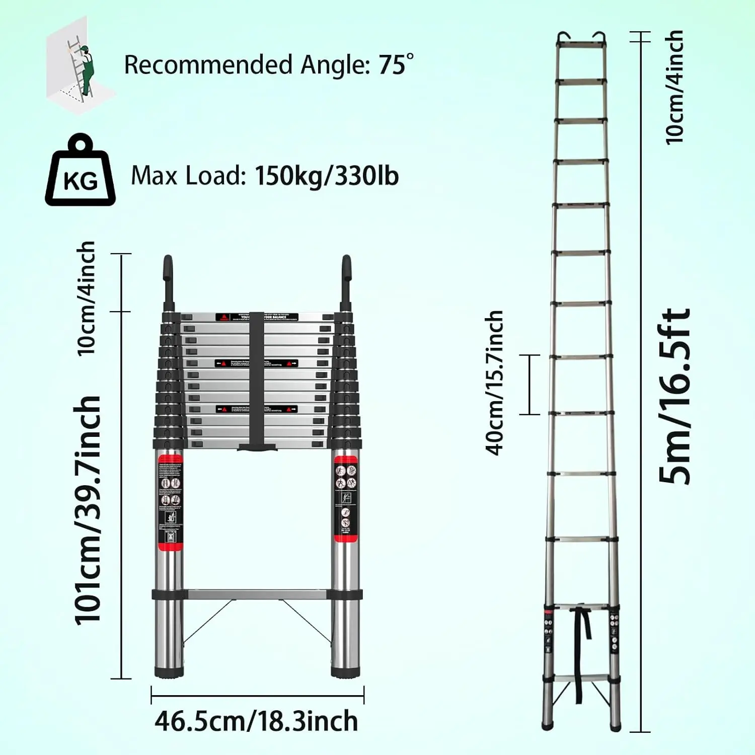 5M/16.5FT Telescoping Ladder with Hooks, Multifunction Stainless Steel EN131 Collapsible Extension Ladder for Indoor/Outdoor