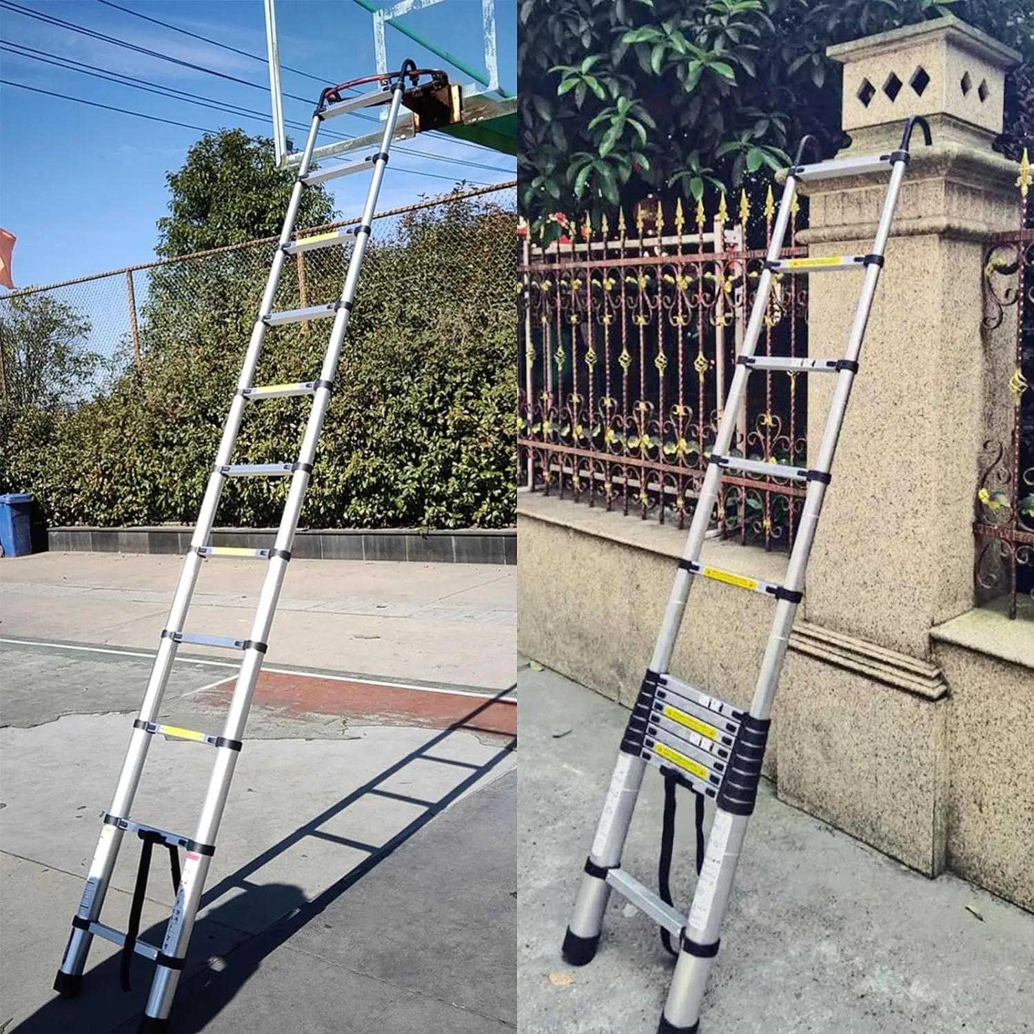 5M/16.5FT Telescoping Ladder with Hooks, Multifunction Stainless Steel EN131 Collapsible Extension Ladder for Indoor/Outdoor