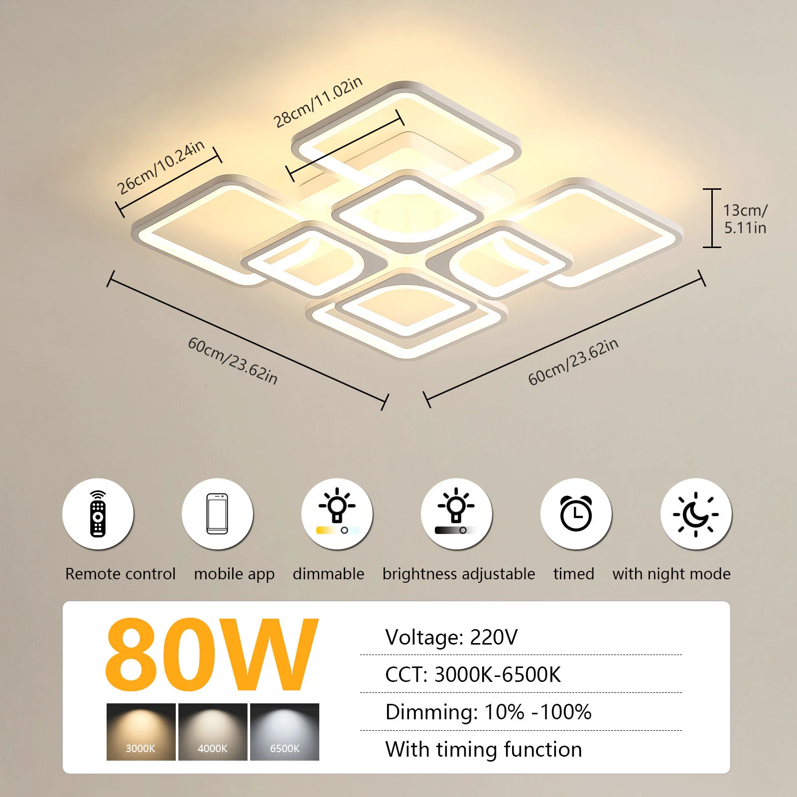 Square LED Ceiling Lamp Modern Ceiling Light Bedroom Kitchen Light Chandelier Light Children's Room Dimmable