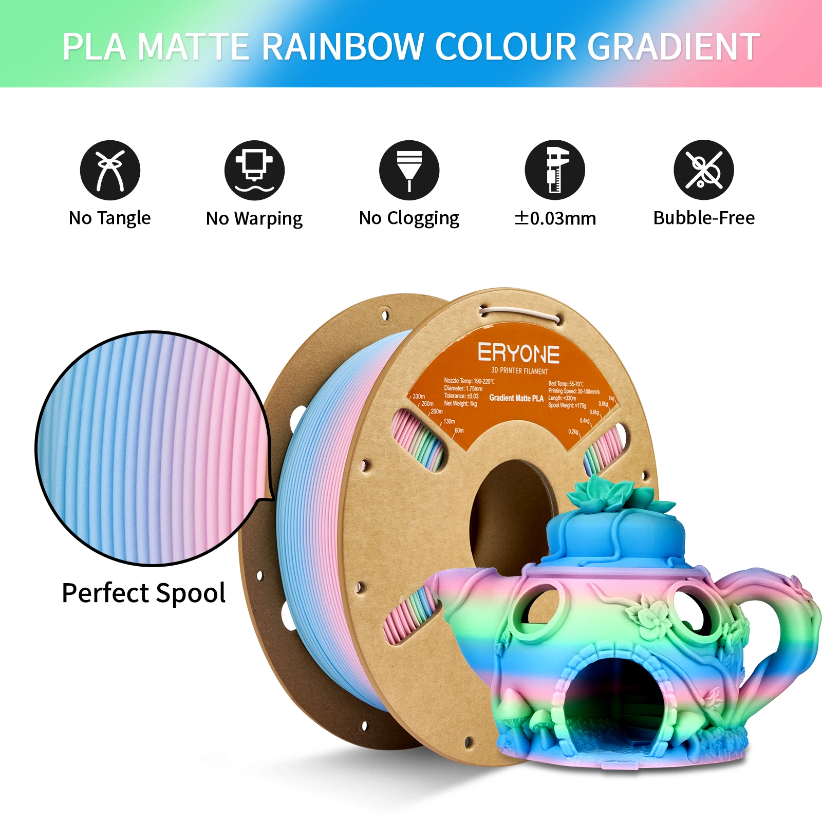 ERYONE 1KG/3K/5KG PLA Matte Gradient Rainbow 3D Printer Filament 1.75 +/- 0.03mm, PLA Matte Multicolor Filament PLA 1KG/3K/5KG