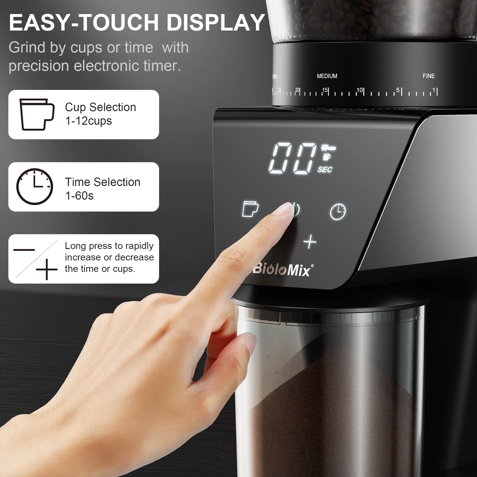 BioloMix Automatic Burr Mill Electric Coffee Grinder, featuring 30 gears for grinding espresso and American coffee, With Magneti