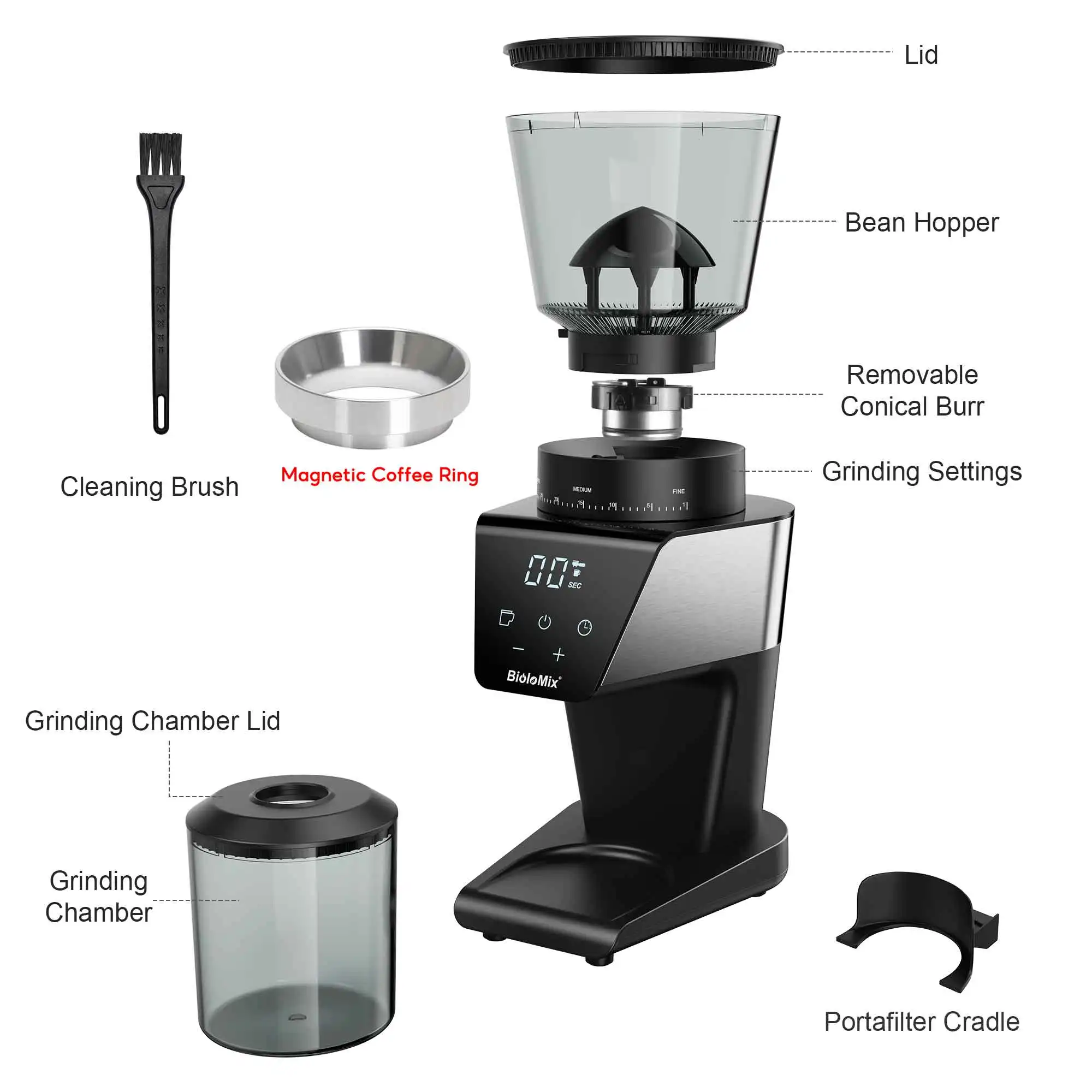 BioloMix Automatic Burr Mill Electric Coffee Grinder, featuring 30 gears for grinding espresso and American coffee, With Magneti