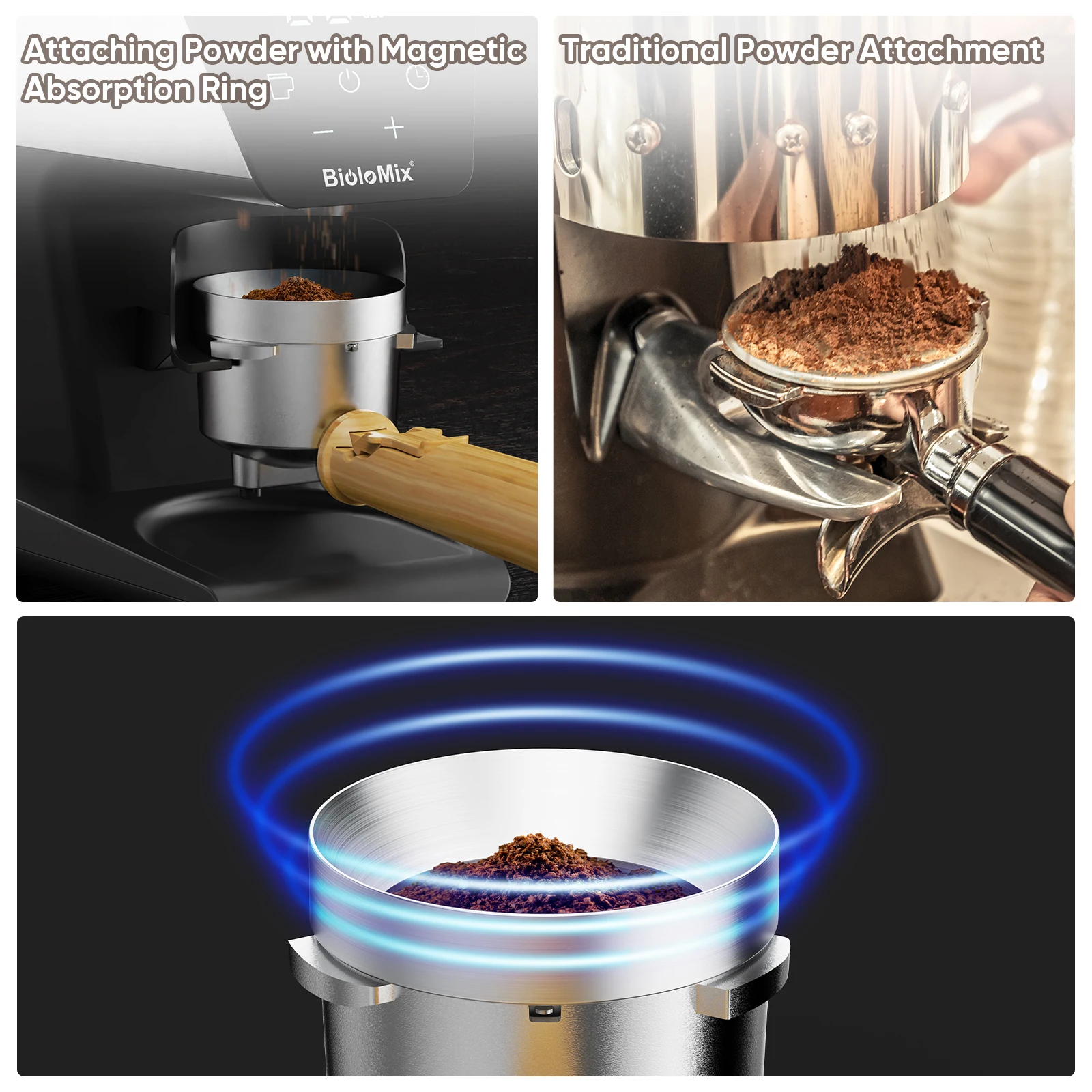 BioloMix Automatic Burr Mill Electric Coffee Grinder, featuring 30 gears for grinding espresso and American coffee, With Magneti